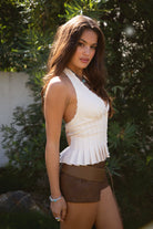 TIC TOC TA31128 ALANA Champagne Chiffon Lace Trim Halter Top with Pleated Flare