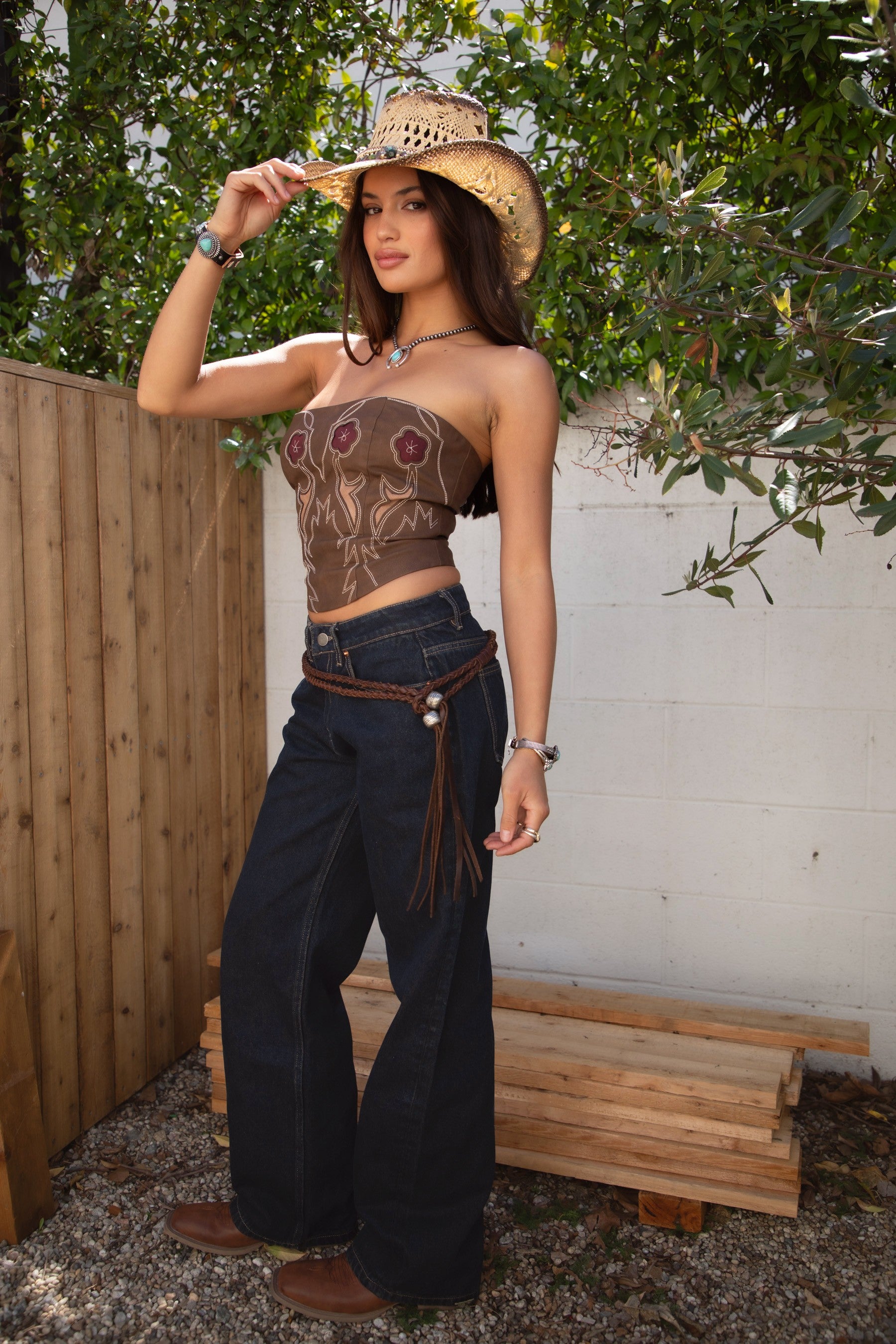 TIC TOC TA31333 TECOVAS Brown Western Floral Embroidered Vegan Leather Bustier with Lace-Up Back