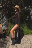 TIC TOC TC28341 BREEZE Distressed Ladder Knit Cover Up with Tie Front and Sheer Sleeves in color oatmeal