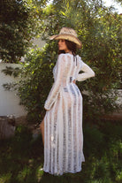 TIC TOC TC28341 BREEZE Distressed Ladder Knit Cover Up with Tie Front and Sheer Sleeves in color oatmeal