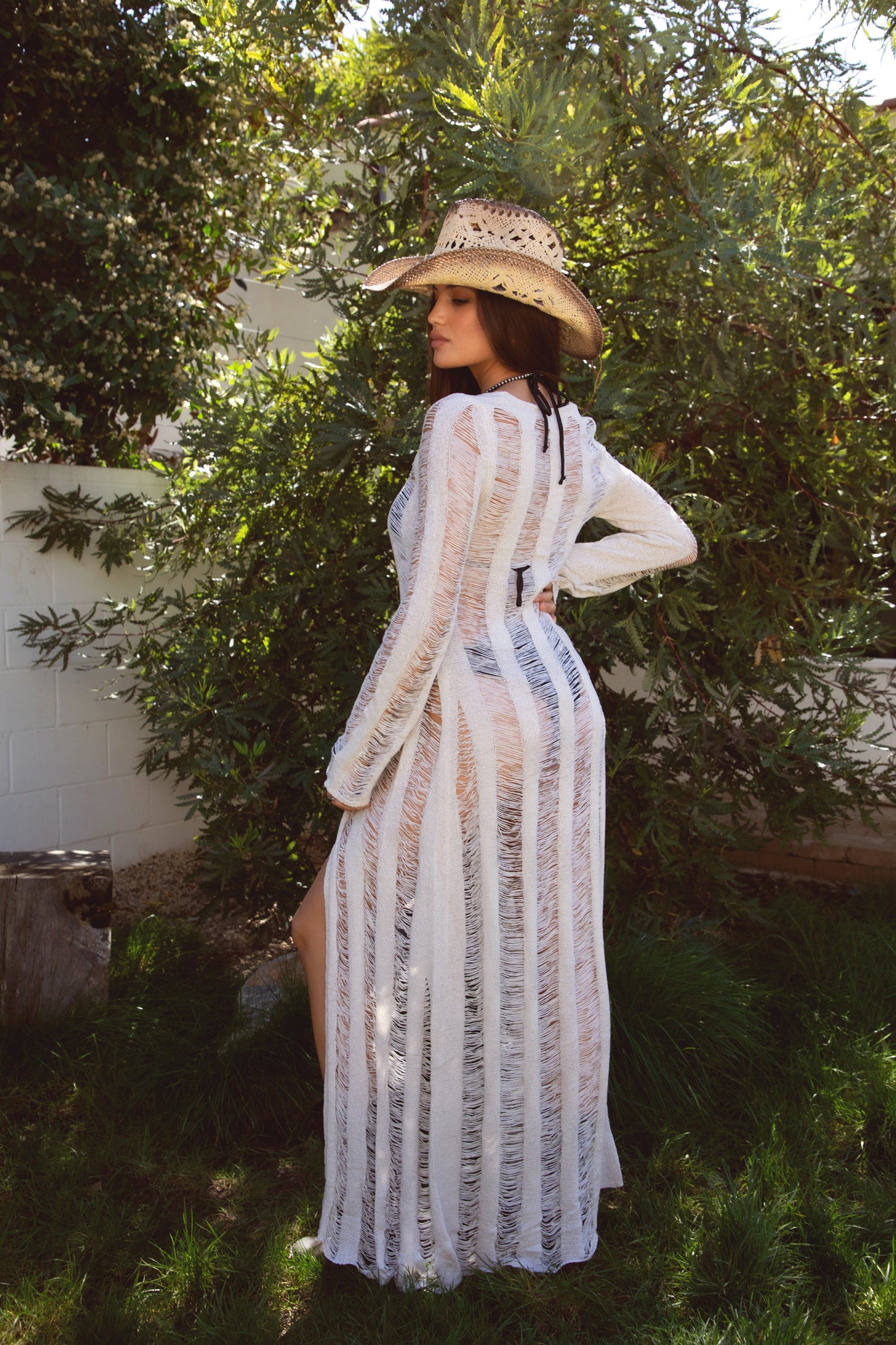 TIC TOC TC28341 BREEZE Distressed Ladder Knit Cover Up with Tie Front and Sheer Sleeves in color oatmeal