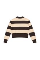 Woman wearing PRESCOTT striped collared classic preppy sweater featuring soft sweater knit fabric, bold contrast stripes, polo inspired collar with open V neckline, wide horizontal stripe design, relaxed dropped shoulder silhouette, long sleeves with contrast ribbed cuffs, ribbed hem, and subtle side slits.