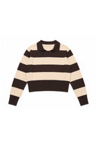 Woman wearing PRESCOTT striped collared classic preppy sweater featuring soft sweater knit fabric, bold contrast stripes, polo inspired collar with open V neckline, wide horizontal stripe design, relaxed dropped shoulder silhouette, long sleeves with contrast ribbed cuffs, ribbed hem, and subtle side slits.