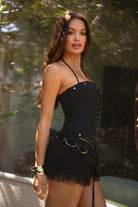 TIC TOC TH30227 BRIEL Studded Western Bustier Corset Top with halter tie and satin bow in black 