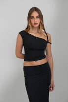 TIC TOC TH30931 JLINA Asymmetrical Silky Short Sleeve Top with double twisted straps.