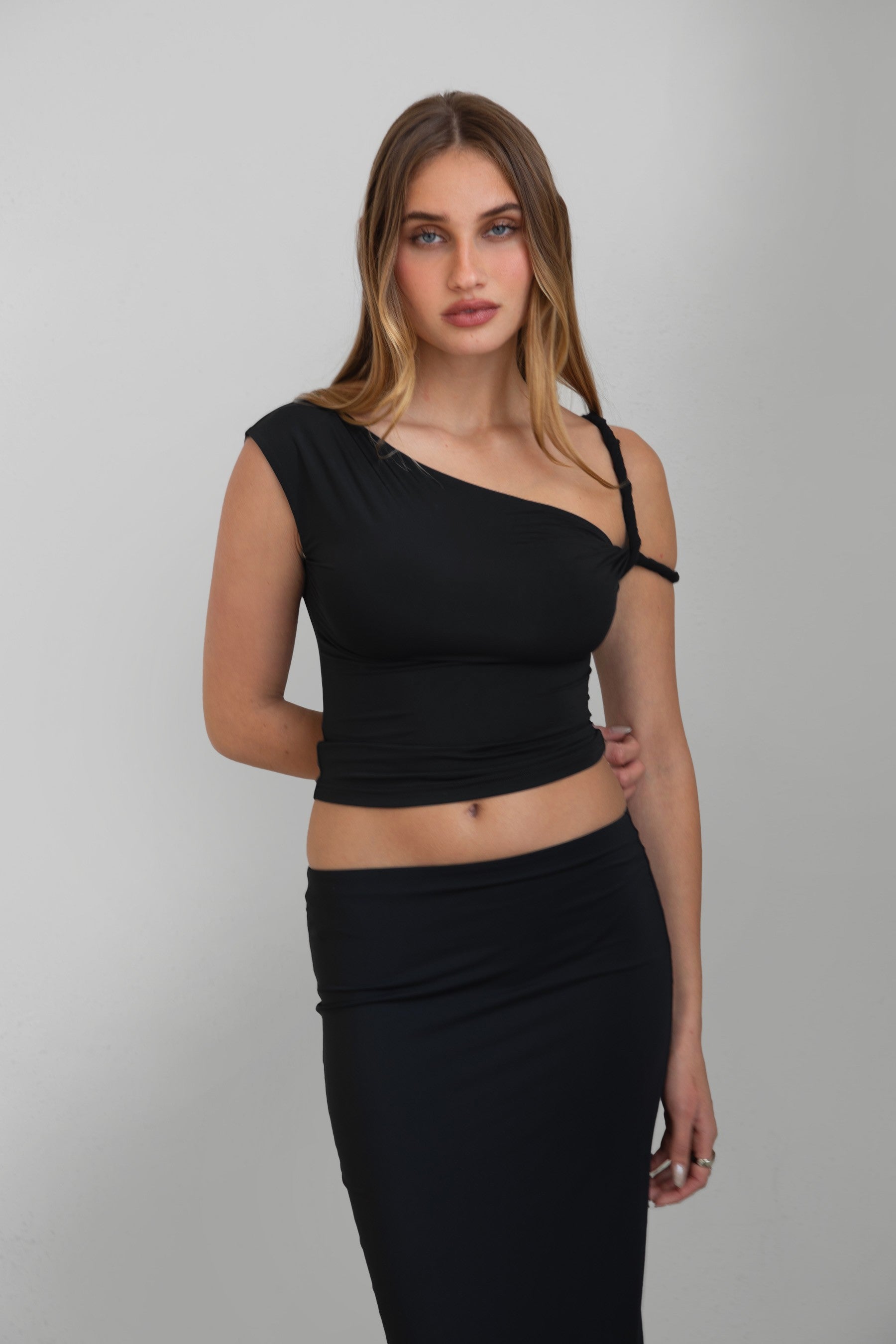TIC TOC TH30931 JLINA Asymmetrical Silky Short Sleeve Top with double twisted straps.