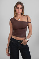 TIC TOC TH30931 JLINA Asymmetrical Silky Short Sleeve Top with double twisted straps.