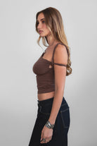 TIC TOC TH30931 JLINA Asymmetrical Silky Short Sleeve Top with double twisted straps.