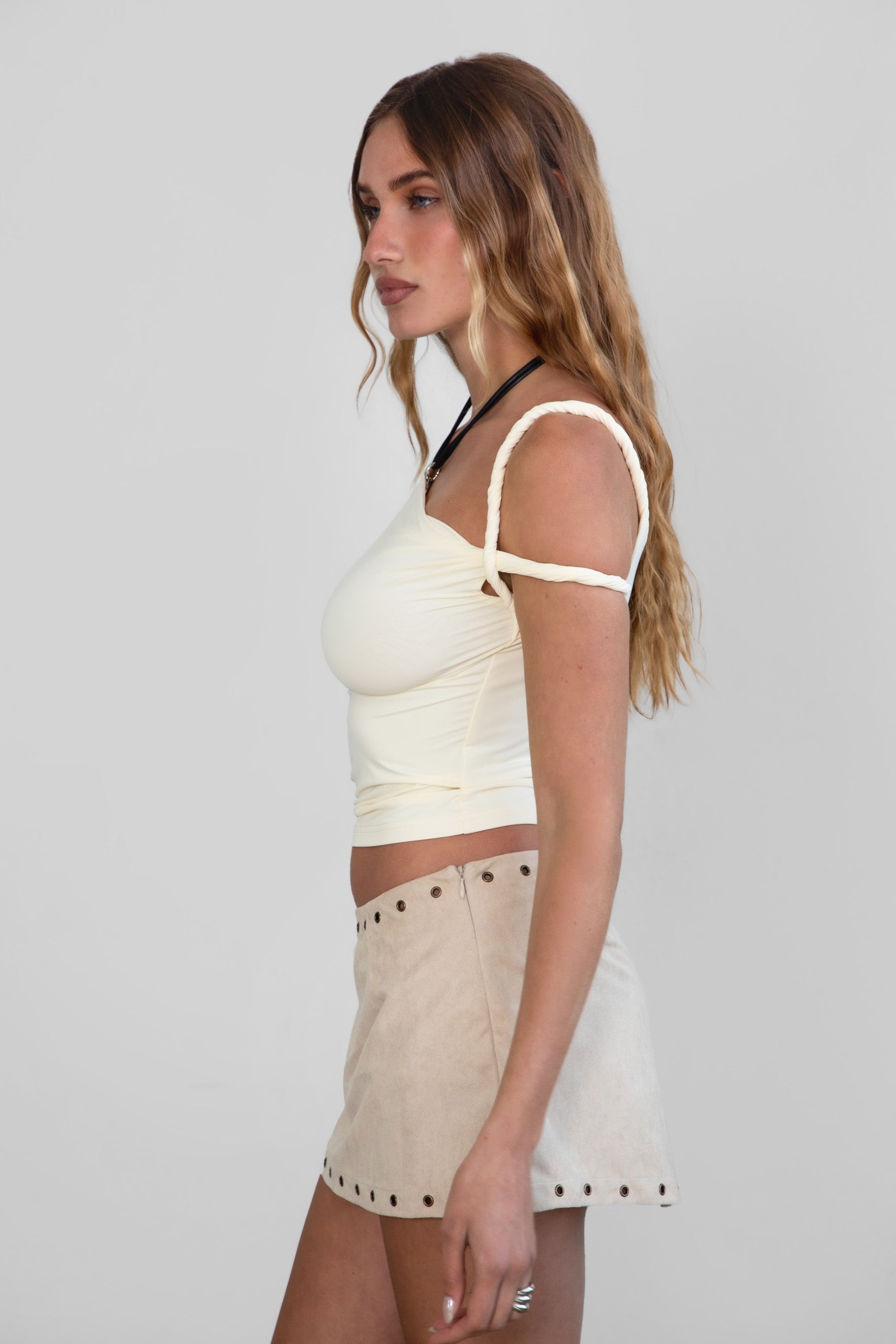 TIC TOC TH30931 JLINA Asymmetrical Silky Short Sleeve Top with double twisted straps.