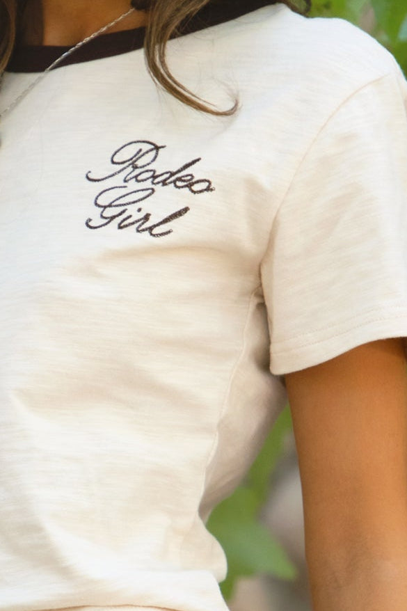 RODETTE Slub Jersey Rodeo Girl Baby Tee 
Contrast High Round Neckline Short Sleeve Top 
Relaxed Boxy Cropped Fit 
Lightweight Textured Slub Jersey Fabric