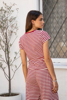 Woman wearing MARLOWE classic crewneck stripe short sleeve t-shirt featuring soft cotton blend fabric, lightweight comfortable feel, timeless striped pattern, classic crew neckline, short sleeves, relaxed slim fit, and effortless essential design for layering or everyday styling.