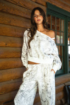 AVERY Light Woodland Camo  Fleece Off The Shoulder Sweatshirt
Relaxed Off The Shoulder Construction 
Rib Knit Hem and Cuffs  
Light Forest Woodland Camo in Dusted Grey
Featured In Our New Cloud Fleece Fabric 
Back To School Western Rodeo Outfit Fashion Inspo

Cloud Fleece Key Features: 
Soft & Lightweight: Gentle on the skin with a breezy feel.
Midweight Warmth: Keeps you comfortable without overheating.
Drapey Design: Flows effortlessly for a flattering, laid-back look
