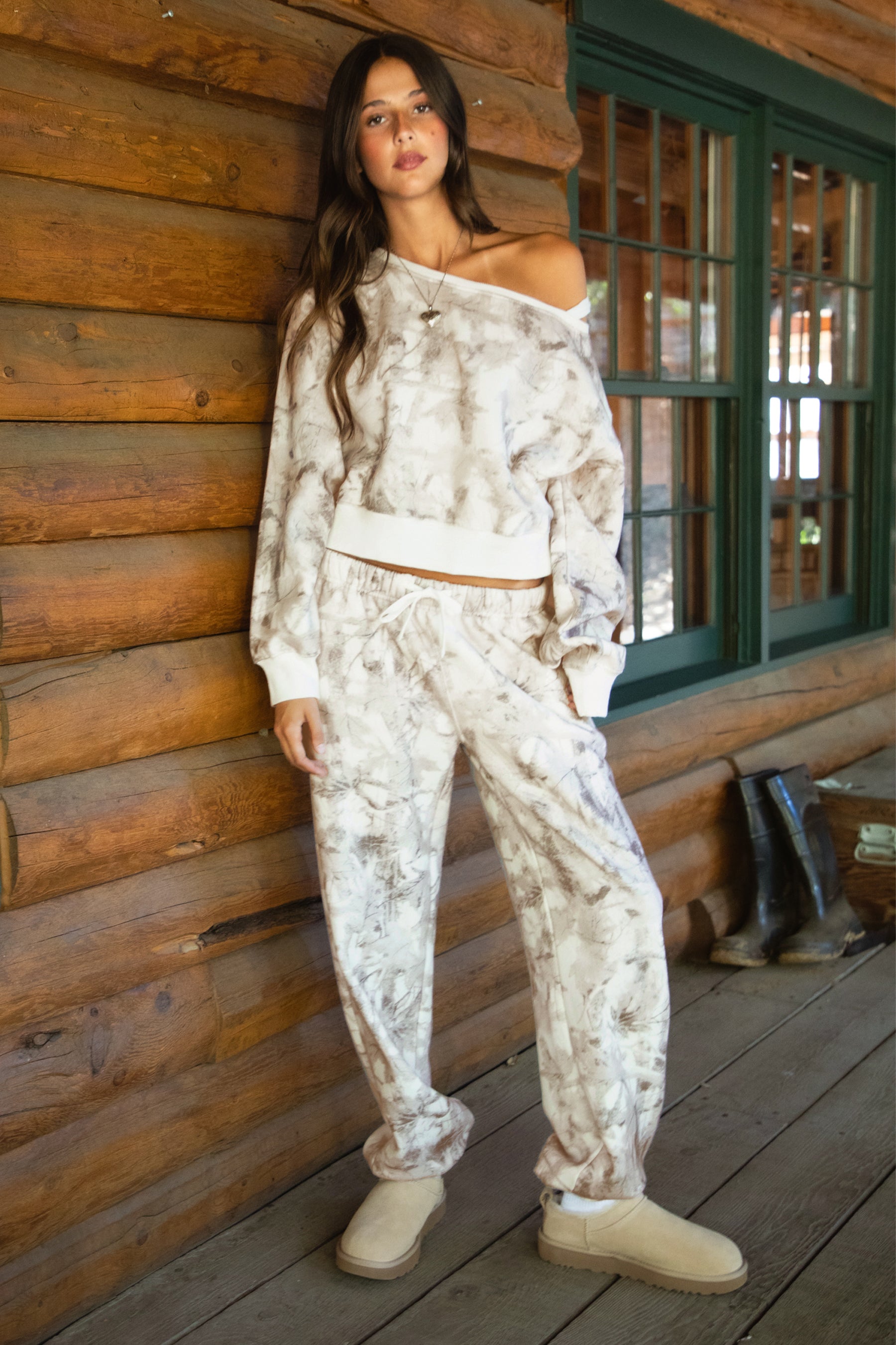 AVERY Light Woodland Camo  Fleece Off The Shoulder Sweatshirt
Relaxed Off The Shoulder Construction 
Rib Knit Hem and Cuffs  
Light Forest Woodland Camo in Dusted Grey
Featured In Our New Cloud Fleece Fabric 
Back To School Western Rodeo Outfit Fashion Inspo

Cloud Fleece Key Features: 
Soft & Lightweight: Gentle on the skin with a breezy feel.
Midweight Warmth: Keeps you comfortable without overheating.
Drapey Design: Flows effortlessly for a flattering, laid-back look
