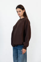 Woman wearing LANI mock neck cloud fleece sweatshirt featuring soft cotton blend cloud fleece fabric, ribbed mock neckline, relaxed oversized fit, dropped shoulder design, long sleeves with ribbed cuffs, triangle stitch detail at center front, and ribbed hem for a cozy comfortable finish.