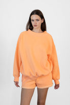 Woman wearing LANI mock neck cloud fleece sweatshirt featuring soft cotton blend cloud fleece fabric, ribbed mock neckline, relaxed oversized fit, dropped shoulder design, long sleeves with ribbed cuffs, triangle stitch detail at center front, and ribbed hem for a cozy comfortable finish.