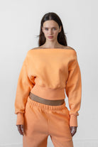 Woman wearing LANI mock neck cloud fleece sweatshirt featuring soft cotton blend cloud fleece fabric, ribbed mock neckline, relaxed oversized fit, dropped shoulder design, long sleeves with ribbed cuffs, triangle stitch detail at center front, and ribbed hem for a cozy comfortable finish.