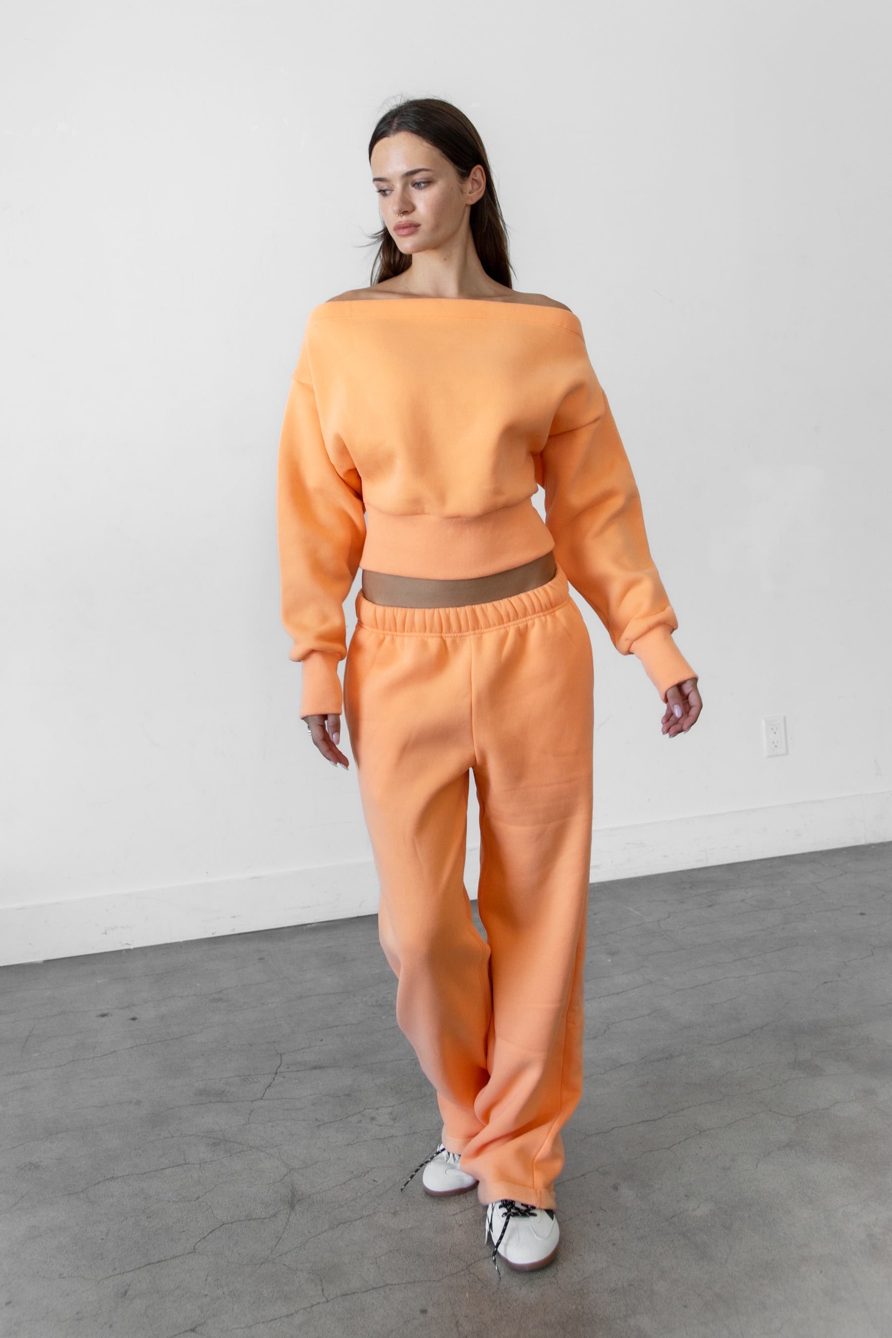 Woman wearing LANI mock neck cloud fleece sweatshirt featuring soft cotton blend cloud fleece fabric, ribbed mock neckline, relaxed oversized fit, dropped shoulder design, long sleeves with ribbed cuffs, triangle stitch detail at center front, and ribbed hem for a cozy comfortable finish.