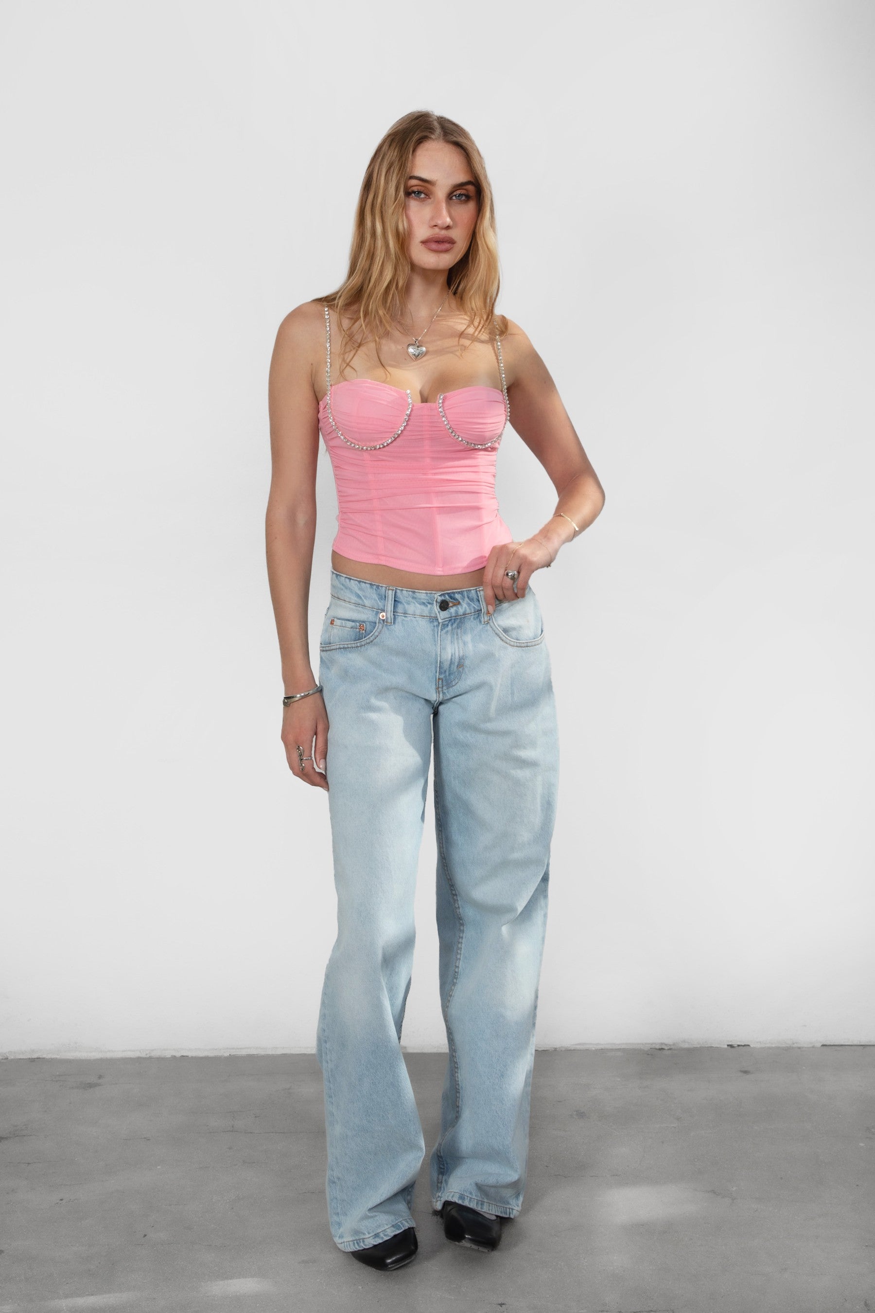 GEM rhinestone-embellished mesh cropped cami top in blush with underwire support