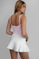 HEAVON Stretch Mesh Lace Bodysuit in blush with satin bow and ruffle straps