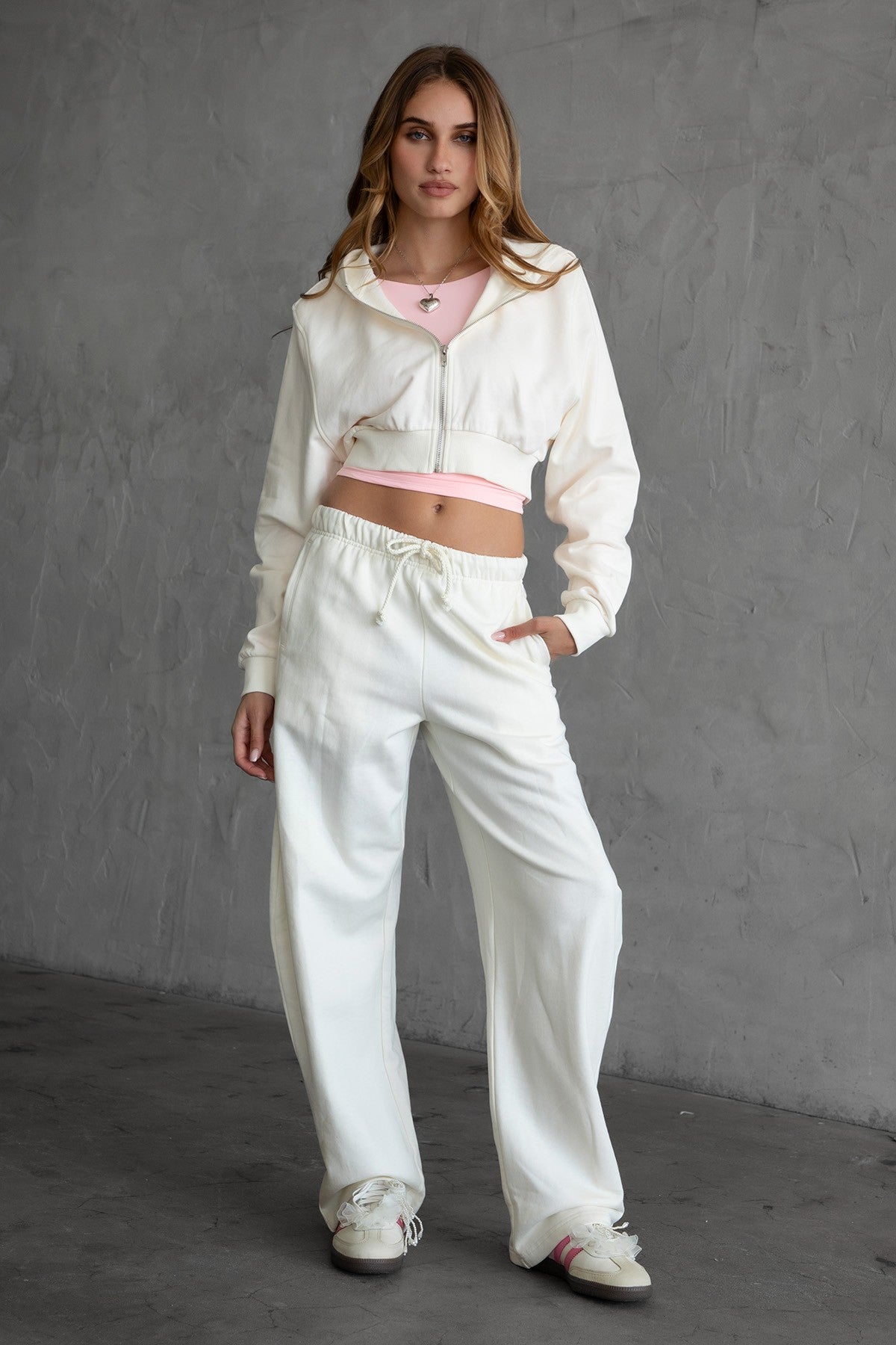 TIC TOC EMILY French Terry zip-up hoodie in light ecru with ribbed hem and cuffs