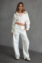 TIC TOC EMILY French Terry zip-up hoodie in light ecru with ribbed hem and cuffs