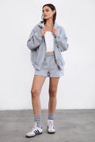 Heather grey oversized zip-up fleece hoodie with ribbed hem and cuffs for a classic casual look by Tic Toc.