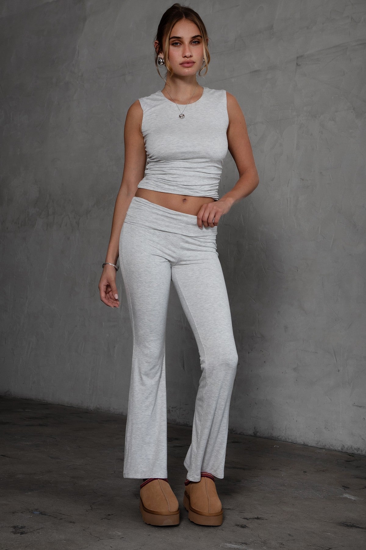 TIC TOC heather white flare pants with foldover waistband and smooth stretch fabric