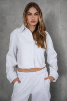 TIC TOC JENNIE cropped fleece shacket in ash with button-up front and front pocket detail