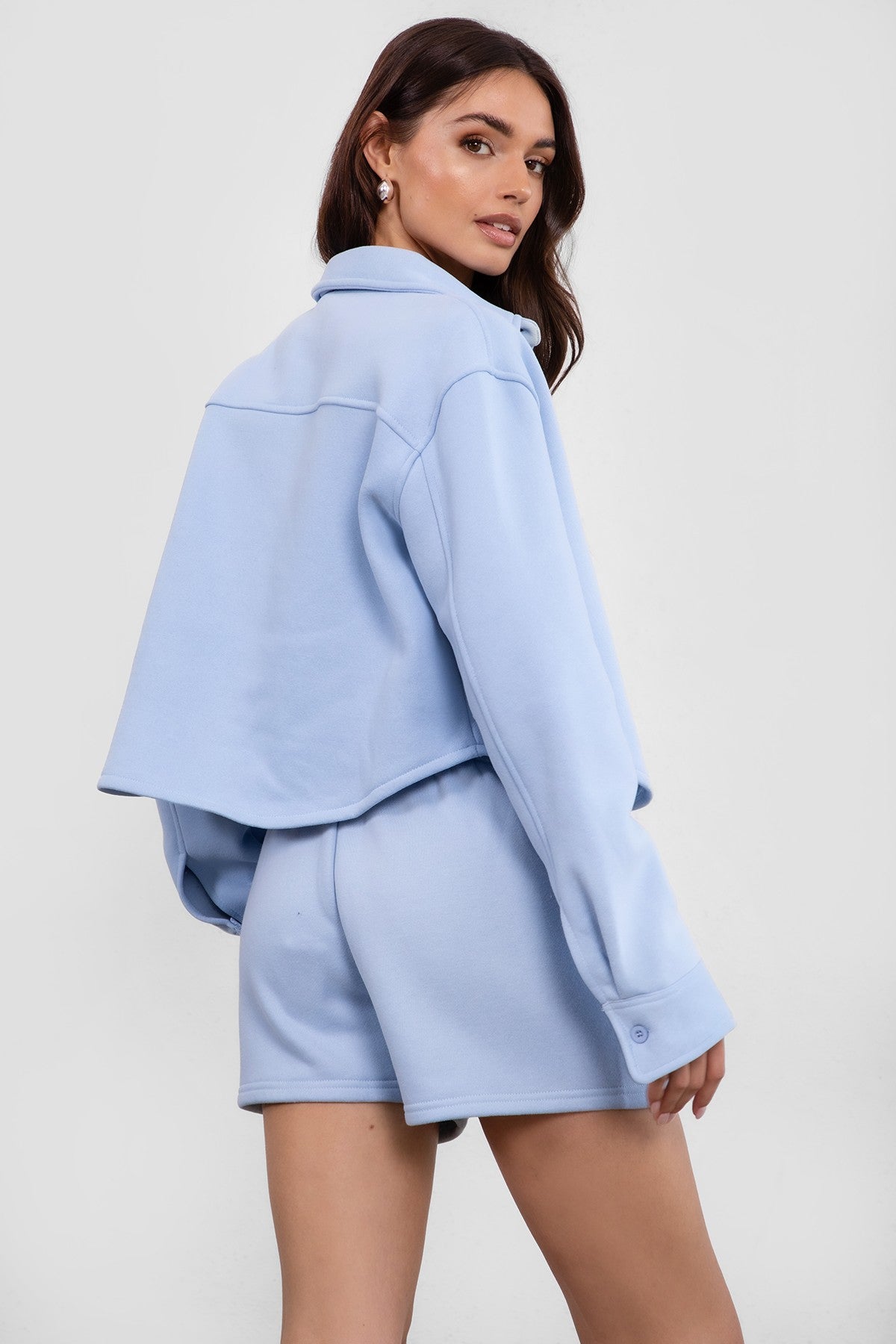 TIC TOC JENNIE cropped fleece shacket in baby blue with button-up front and front pocket detail