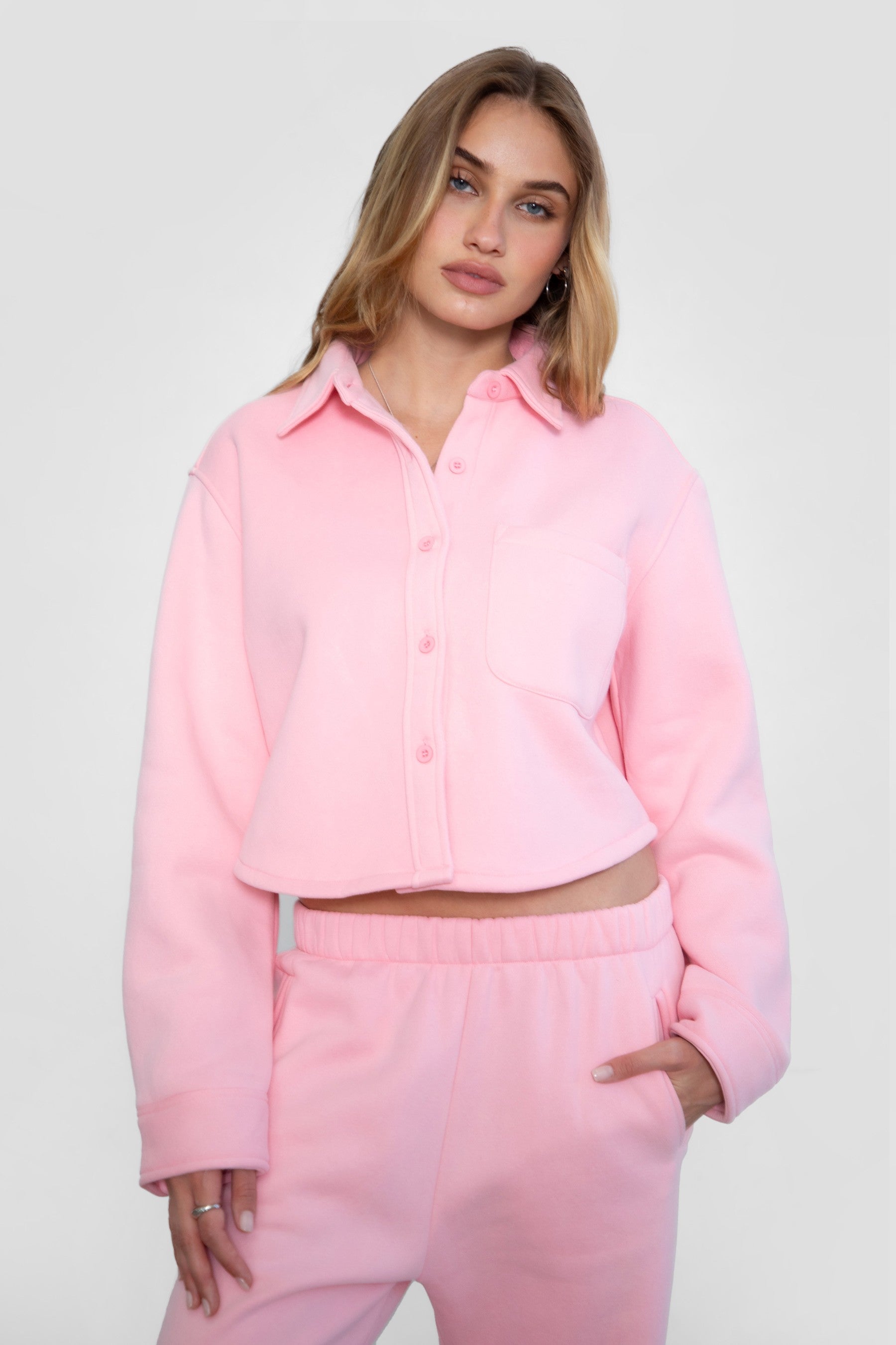 TIC TOC JENNIE cropped fleece shacket in blush with button-up front and front pocket detail