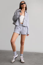 TIC TOC JENNIE cropped fleece shacket in heather grey with button-up front and front pocket detail