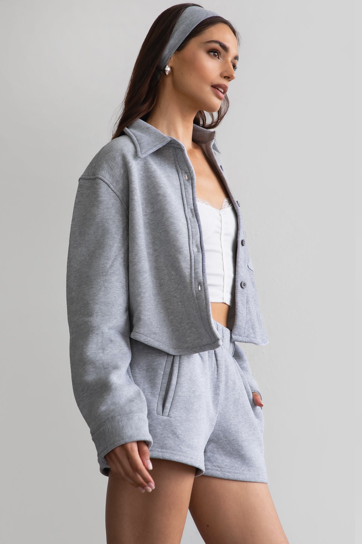 TIC TOC JENNIE cropped fleece shacket in heather grey with button-up front and front pocket detail