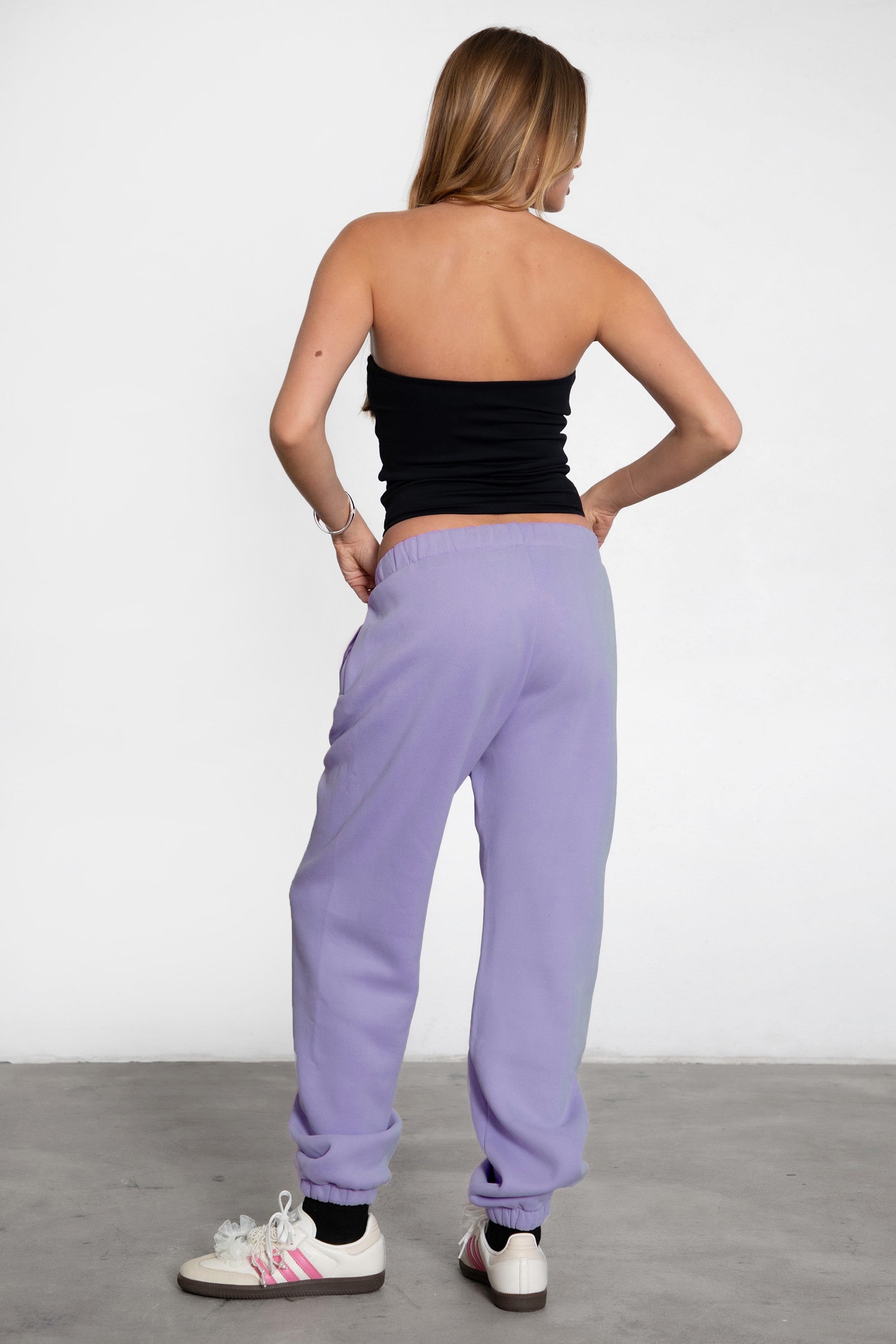 TIC TOC DOVE high waist fleece sweatpants in bright lavender with elasticated waistband and side pockets