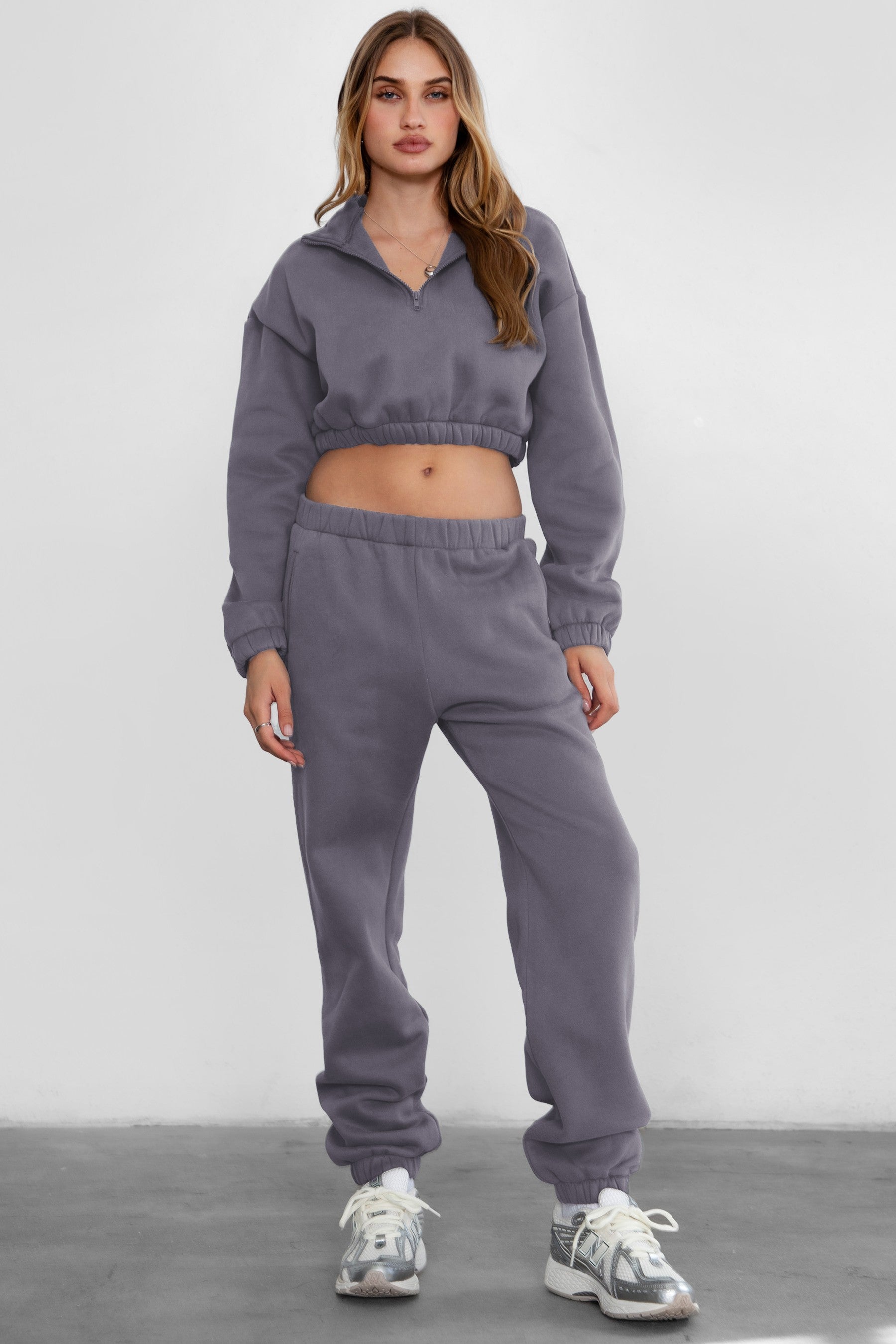 TIC TOC DOVE high waist fleece sweatpants in charcoal with elasticated waistband and side pockets