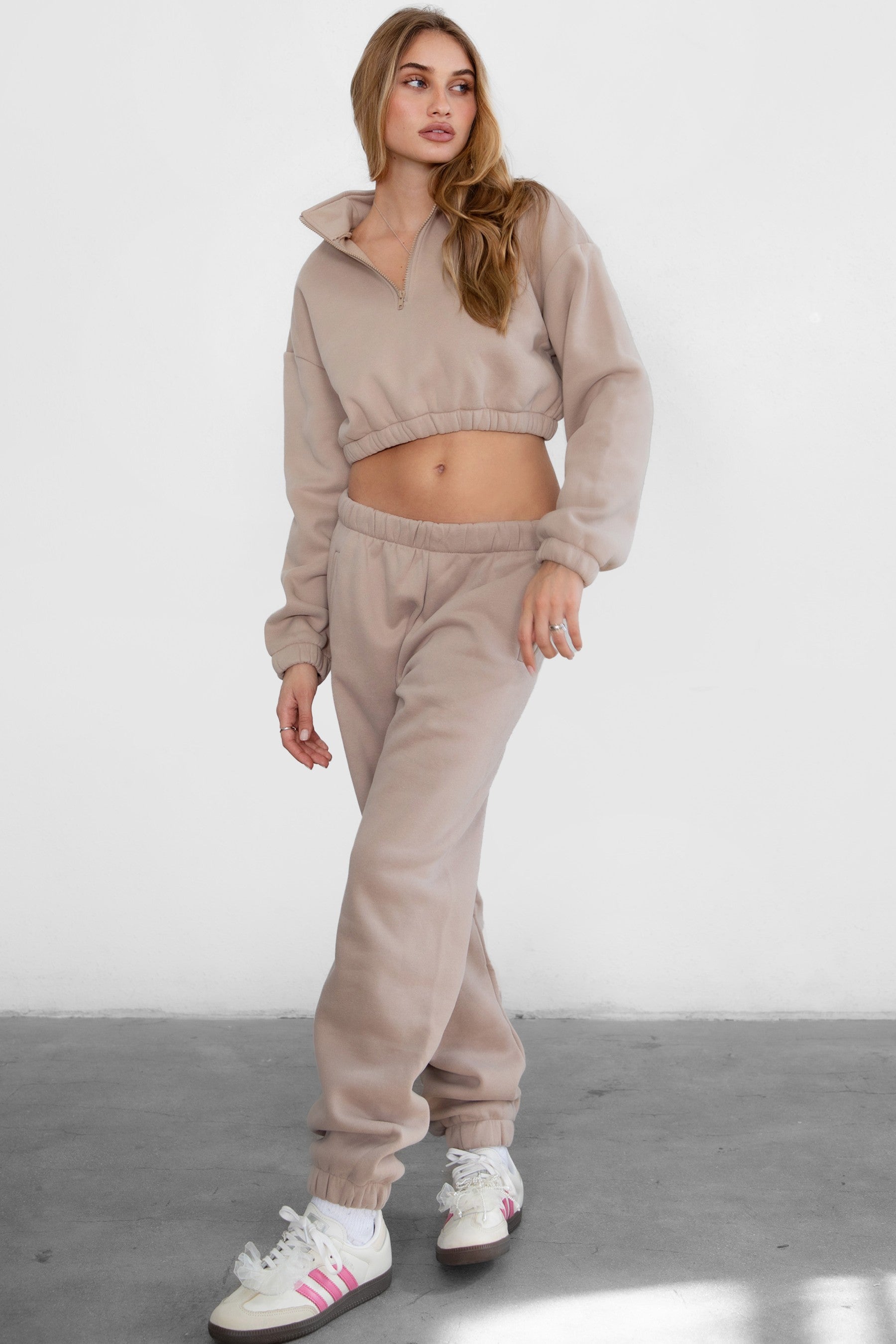 Game-day ready high-waist sweatpants in blush from the Essentials Plush Fleece Collection in taupe