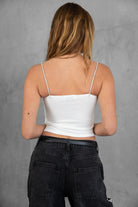 White mesh cami top with ruched bodice and rhinestone details, perfect for parties