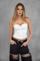 White mesh cami top with ruched bodice and rhinestone details, perfect for parties