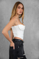 White mesh cami top with ruched bodice and rhinestone details, perfect for parties
